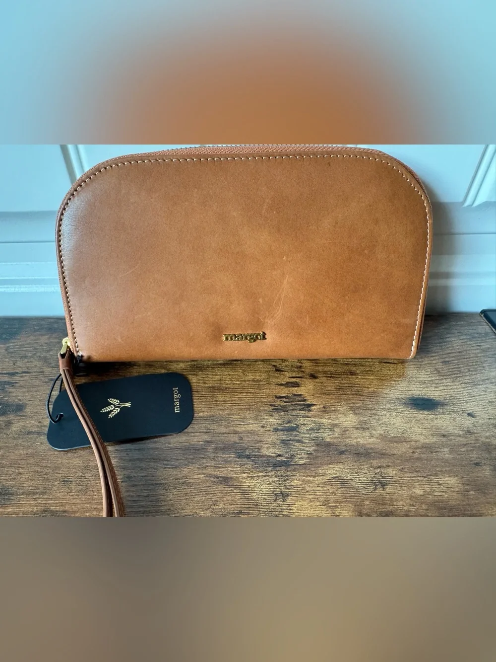 Margot Leather Luna Zip Wristlet Wallet | Cognac Leather | NWT